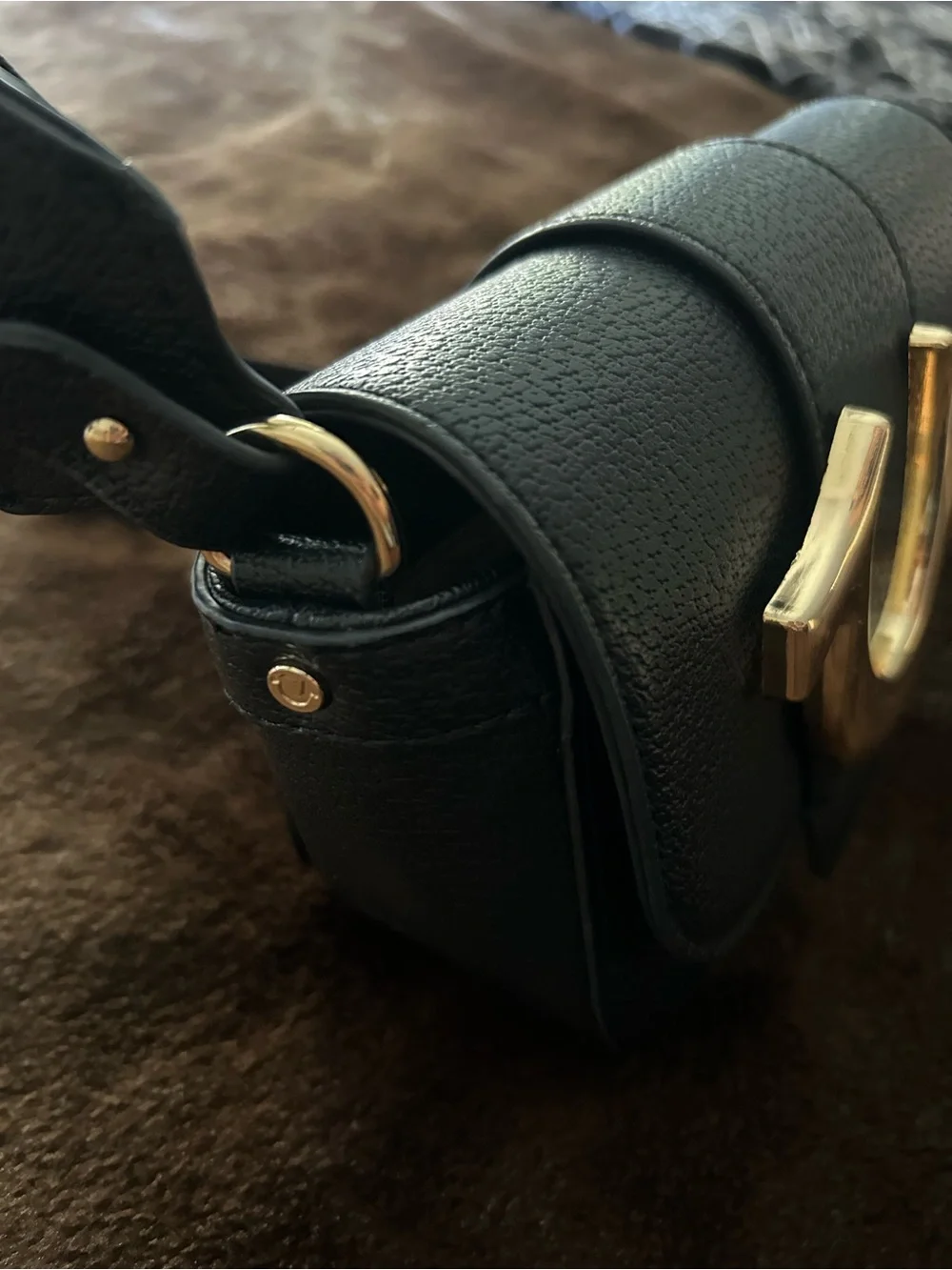 True Religion Black Crossbody Bag with Gold Horseshoe Accent